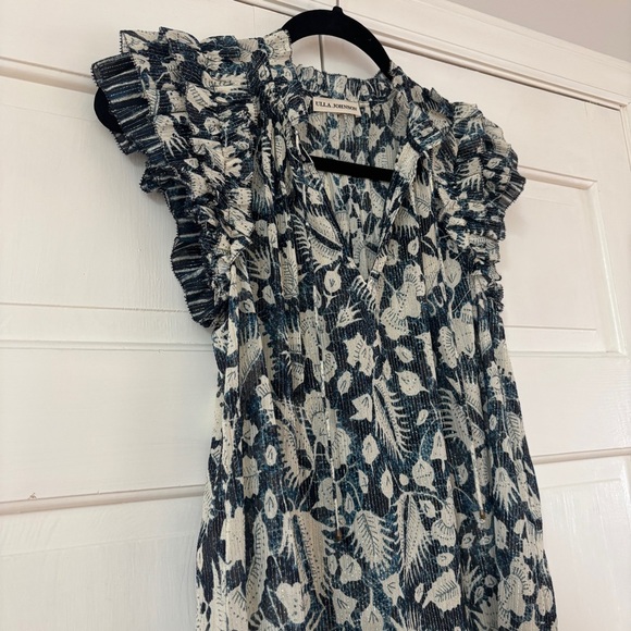 ULLA JOHNSON Dira‎ Top Indigo Metallic Ruffle Size 0 Flutter Sleeve Tassel Tie - Picture 8 of 16